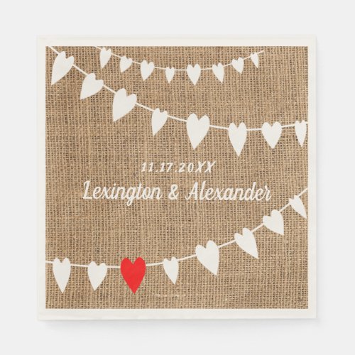 Rustic Country Burlap and String Of Hearts Wedding Napkins