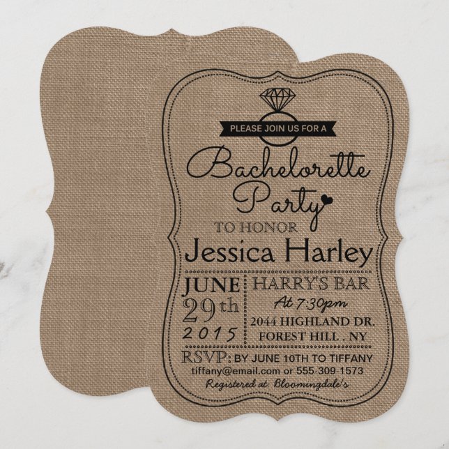 Rustic Country Burlap Bachelorette Party Invitation (Front/Back)
