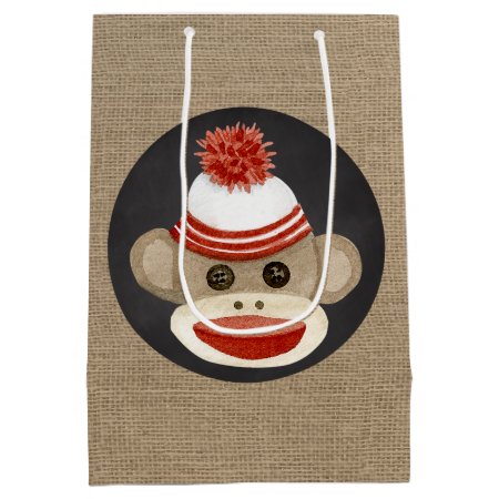Rustic Country Burlap Birthday Sock Monkey Medium Gift Bag