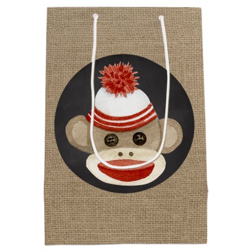 Rustic Country Burlap Birthday Sock Monkey Medium Gift Bag