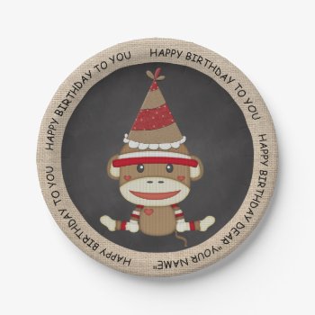 Rustic Country Burlap Birthday Sock Monkey Paper Plates by custom_party_supply at Zazzle