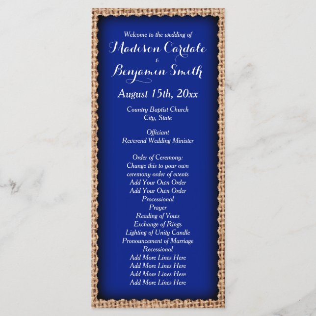 Rustic Country Burlap Blue Wedding Programs (Front)