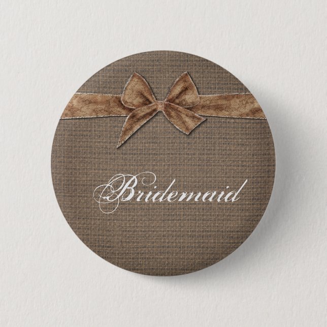 Rustic Country | Burlap Bow Bridesmaid Pinback Button (Front)