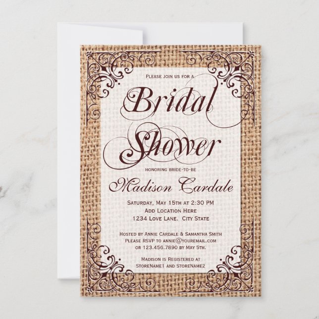 Rustic Country Burlap Bridal Shower Invitations (Front)