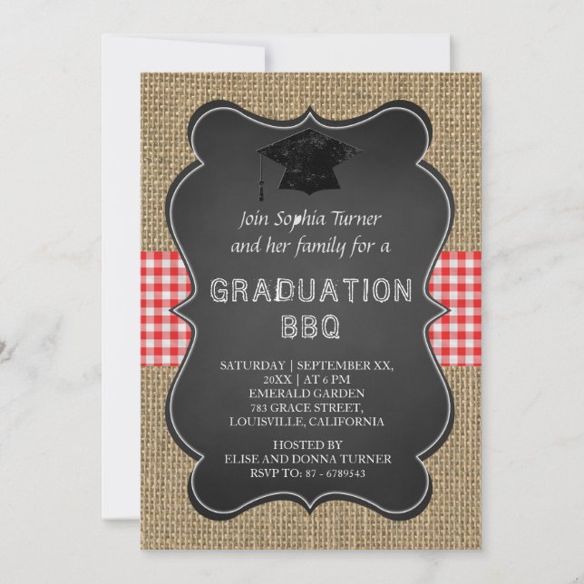 Rustic Country Burlap Chalkboard GRADUATION BBQ Invitation (Front)
