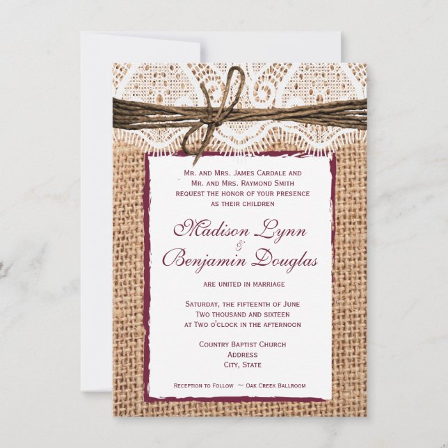 Rustic Country Burlap Cranberry Wedding Invite (Front)