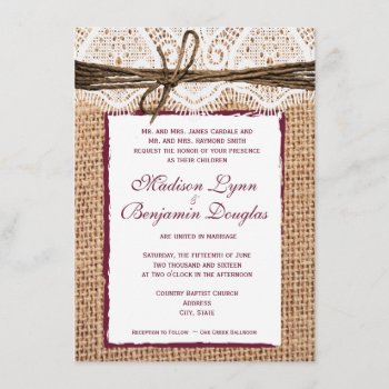 Rustic Country Burlap Cranberry Wedding Invite by CustomWeddingSets at Zazzle