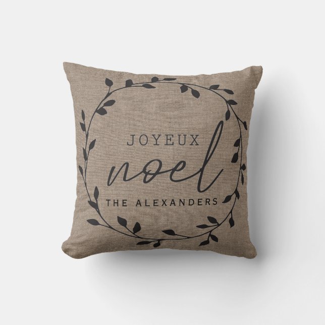 Rustic Country Burlap Family Name Christmas  Throw Pillow (Front)