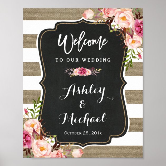 Rustic Country Burlap Floral Wedding Welcome Sign