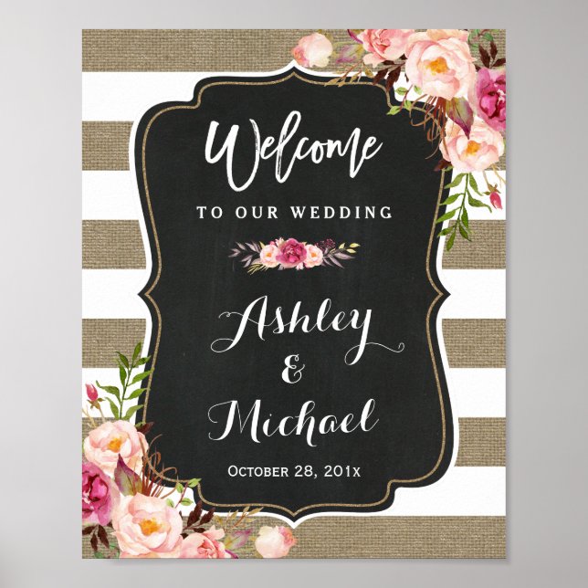 Rustic Country Burlap Floral Wedding Welcome Sign (Front)