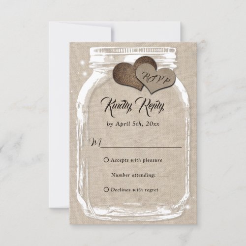 Rustic Country Burlap Heart Mason Jar Wedding RSVP