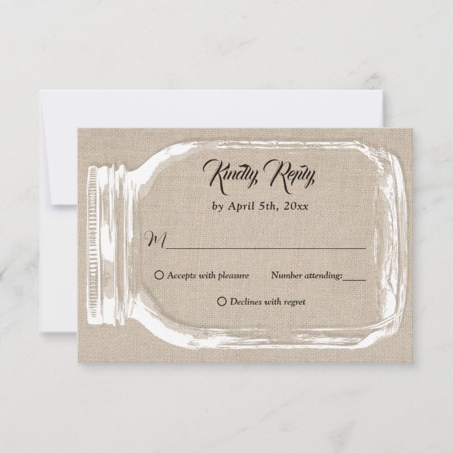 Rustic Country Burlap Heart Mason Jar Wedding RSVP (Front)