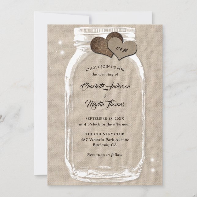 Rustic Country Burlap Hearts Mason Jar Wedding Invitation (Front)