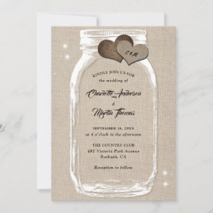 Rustic Country Burlap Hearts Mason Jar Wedding Invitation