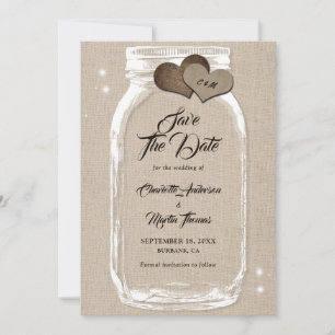 Rustic Country Burlap Hearts Mason Jar Wedding Save The Date