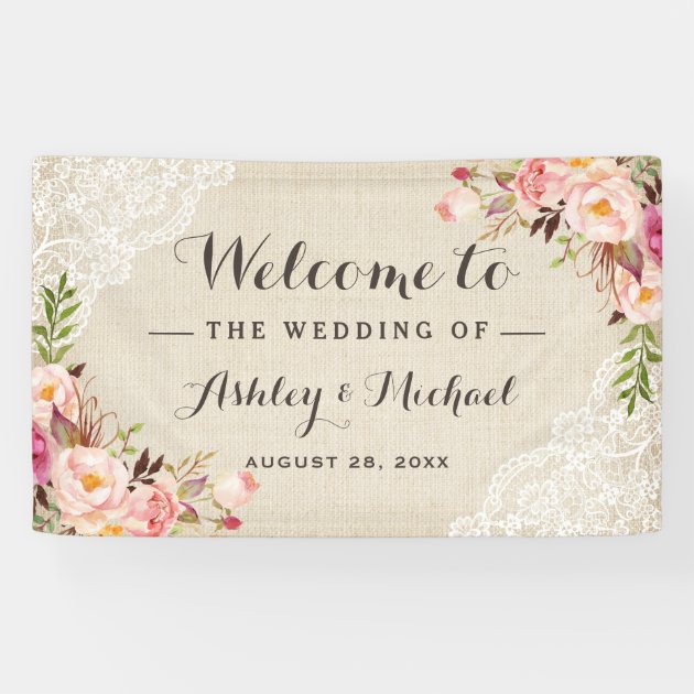 Rustic Country Burlap Lace Floral Wedding Party Banner