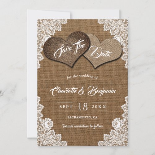 Rustic Country Burlap Lace Hearts Monogram Wedding Save The Date