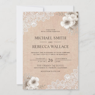 Rustic Country Burlap Lace Ivory Floral Wedding Invitation
