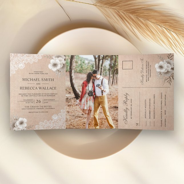 Rustic Country Burlap Lace Ivory Floral Wedding Tri-Fold Invitation (Creator Uploaded)