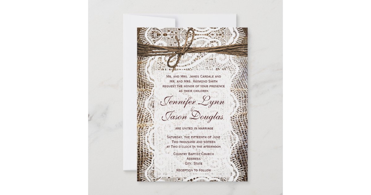 Rustic Country Burlap Lace Look Wedding Invitation | Zazzle