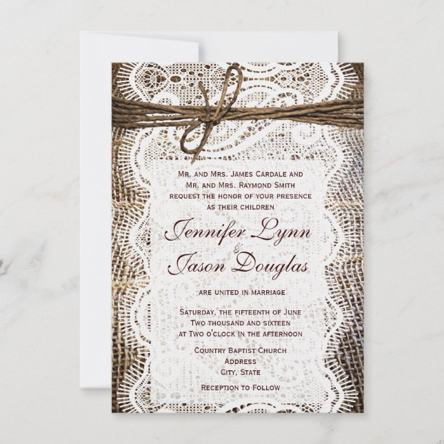 Rustic Country Burlap Lace Look Wedding Invitation (Front)