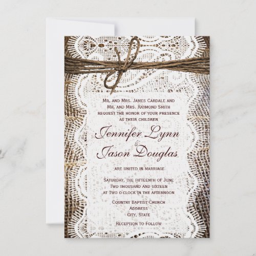 Rustic Country Burlap Lace Look Wedding Invitation