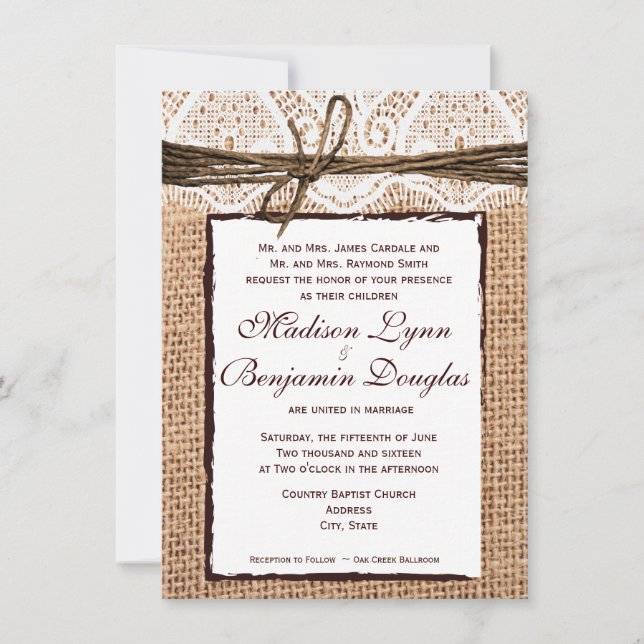Rustic Country Burlap Lace Look Wedding Invitation (Front)