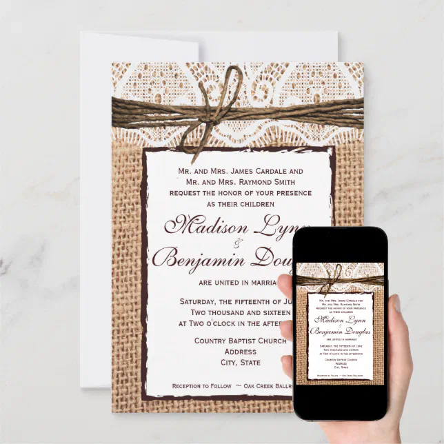 Rustic Country Burlap Lace Look Wedding Invitation Zazzle