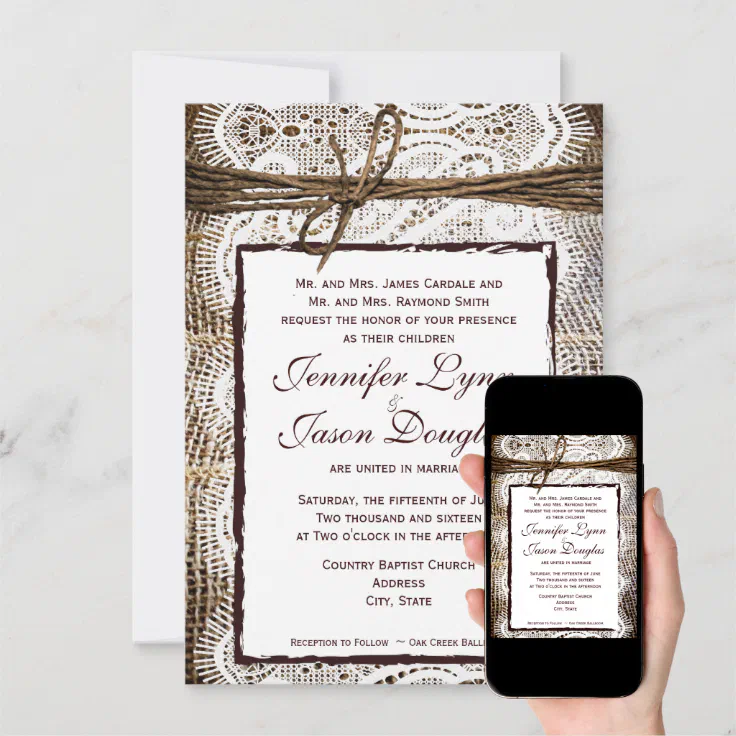 Rustic Country Burlap Lace Look Wedding Invitation Zazzle