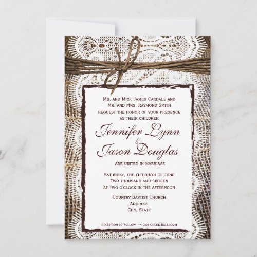 Rustic Country Burlap Lace Look Wedding Invitation