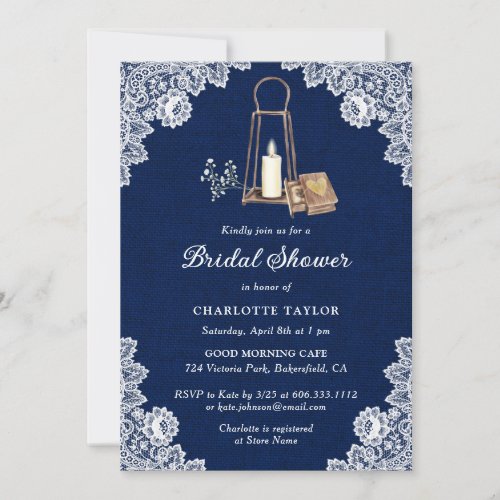 Rustic Country Burlap Lace Navy Blue Bridal Shower Invitation