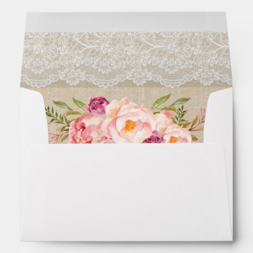 Rustic Country Burlap Lace Pink Floral Wedding Envelope