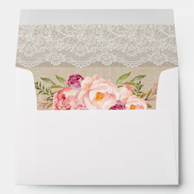 Rustic Country Burlap Lace Pink Floral Wedding Envelope (Back (Bottom))