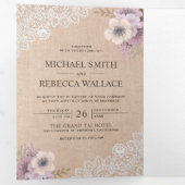 Rustic Country Burlap Lace Pink Floral Wedding Tri-Fold Invitation (Inside First)