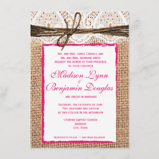 Rustic Country Burlap Lace Pink Wedding Invitation