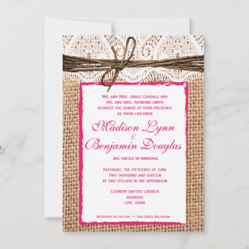 Rustic Country Burlap Lace Pink Wedding Invitation