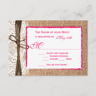 Rustic Country Burlap Lace Pink Wedding RSVP Cards