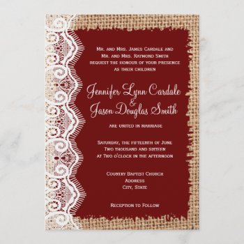 Rustic Country Burlap Lace Red Wedding Invitations by CustomWeddingSets at Zazzle