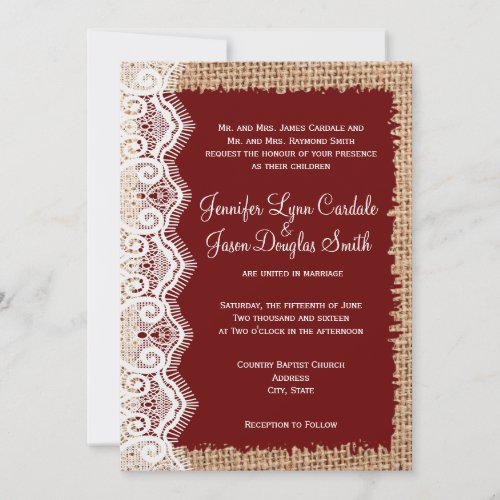 Rustic Country Burlap Lace Red Wedding Invitations