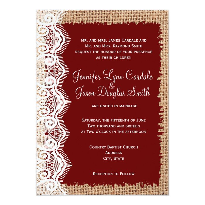 Rustic Country Burlap Lace Red Wedding Invitations | Zazzle