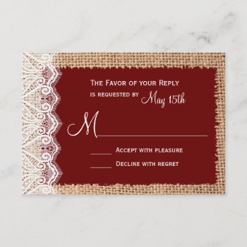 Rustic Country Burlap Lace Red Wedding Rsvp by CustomWeddingSets at Zazzle
