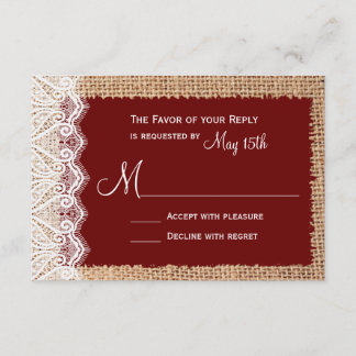Rustic Country Burlap Lace Red Wedding RSVP Card
