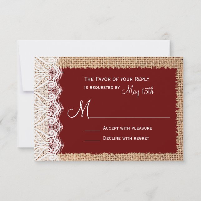 Rustic Country Burlap Lace Red Wedding RSVP Card (Front)