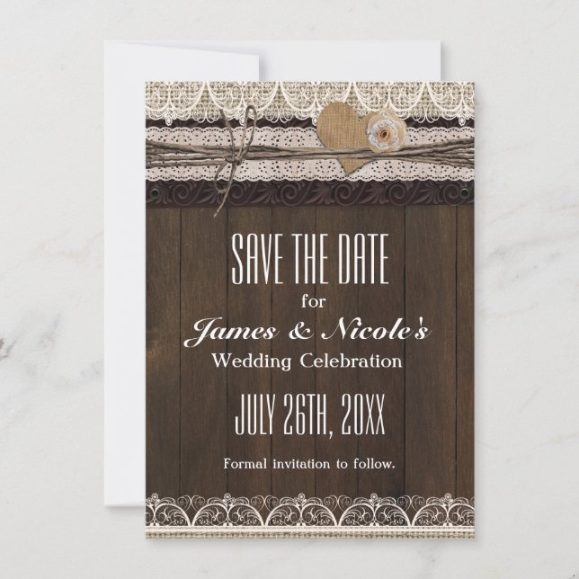 Rustic Country Burlap & Lace Save The Date Card (Front)