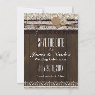 Rustic Country Burlap & Lace Save The Date Card