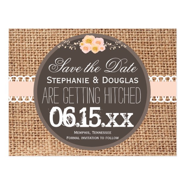 Rustic Country Burlap Lace Save The Date Postcards