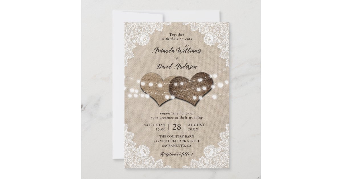 Rustic Country Burlap Lace String Lights Wedding Invitation | Zazzle