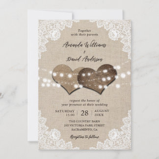 Rustic Country Burlap Lace String Lights Wedding Invitation