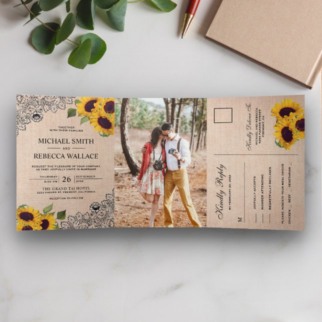 Rustic Country Burlap Lace Sunflower Wedding Photo Tri-Fold Invitation