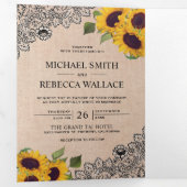 Rustic Country Burlap Lace Sunflower Wedding Photo Tri-Fold Invitation (Inside First)